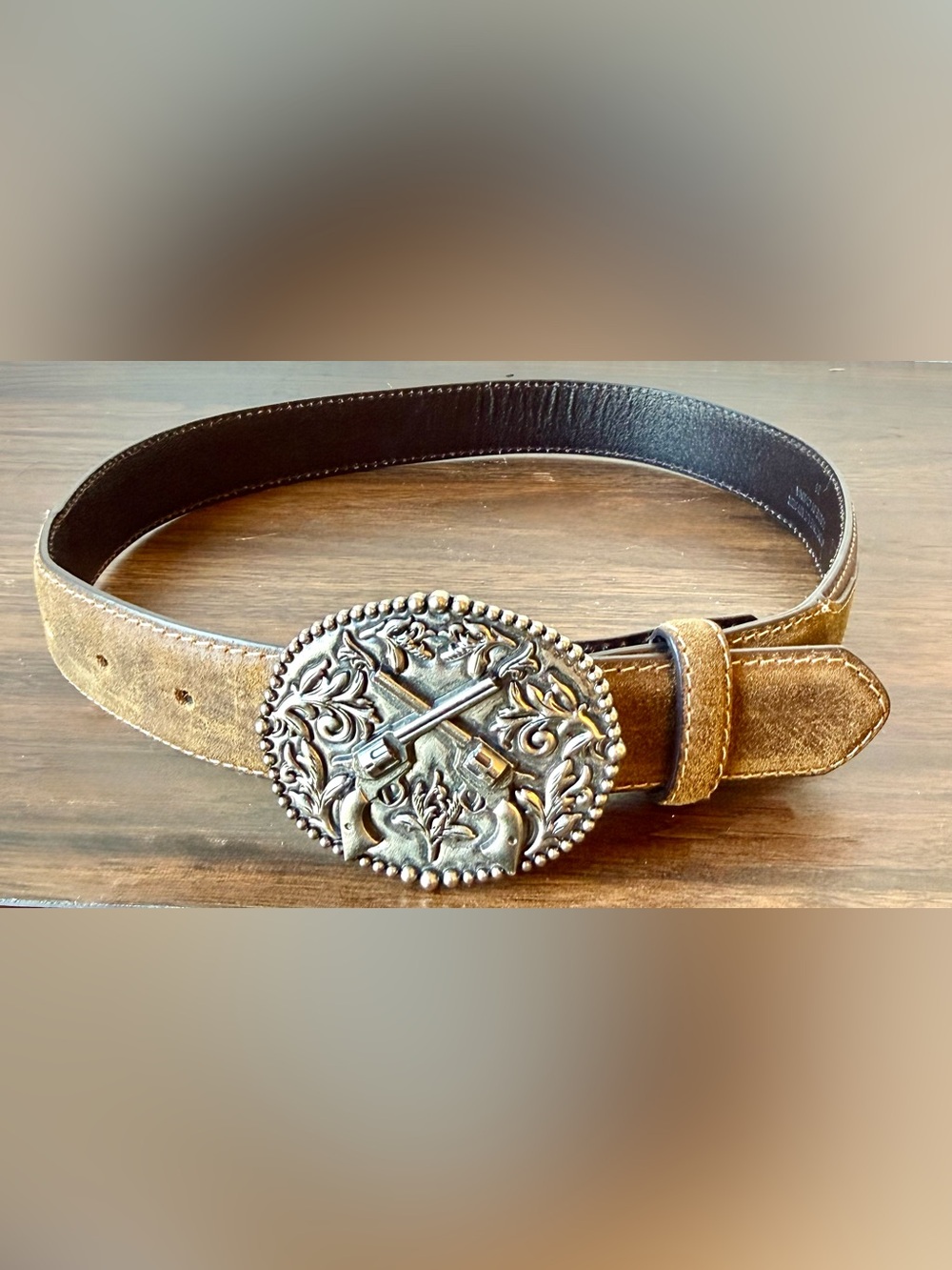Women's Tan Leather Belt with Ornate Silver Western Buckle Size 24